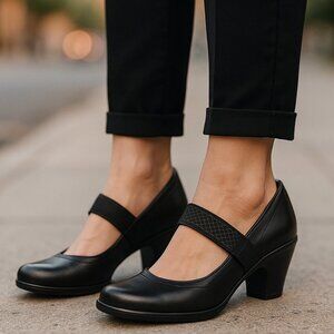 PRIVO CLARKS Broom Mary Jane Wedge Heels 9.5 Black Leather Comfort Shoes